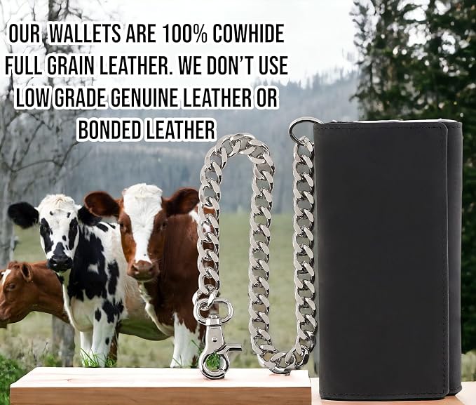 F&L CLASSIC RFID Blocking Mens Tri-fold Long Style Cowhide Leather Steel Chain Wallet,buffalo premium black leather,212-60 - Image 4