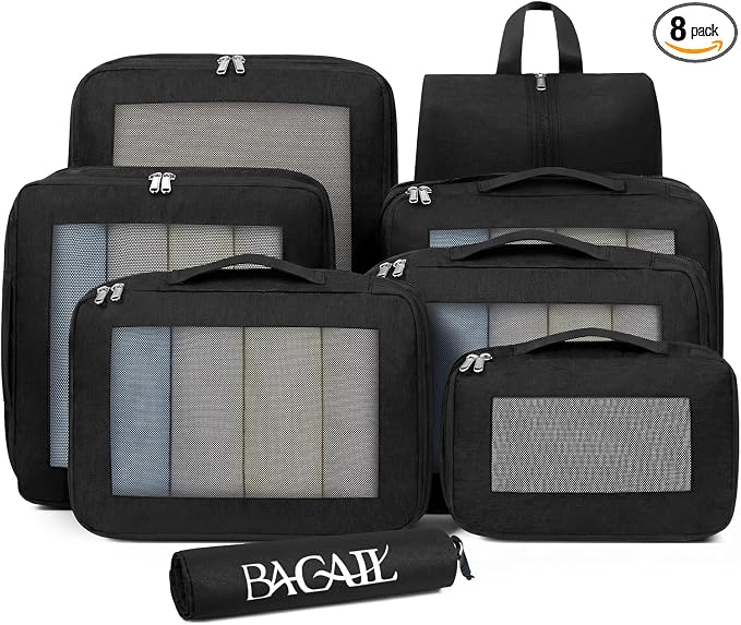 BAGAIL 8 Set Compression Packing Cubes, Expandable Luggage Organizer Bags for Travel Accessories (Black) by BAGAIL