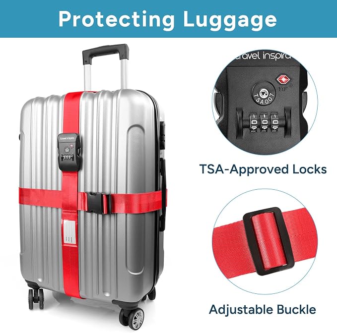 Travel Inspira Heavy Duty Luggage Straps with TSA Lock | Cross-Strap Design; 103-200cm Length; TSA Lock with Tag; Nylon Webbing; Quick Buckle; High Visibility Red;Anti-Burst - Image 3