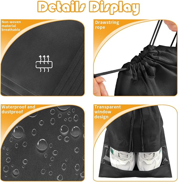 Black Travel Shoe Bags - 5 Pcs Non-Woven Packing Bags with Clear Window | 15.7" x 11.8" Waterproof Dustproof Portable Travel Shoe Storage Bag for Men and Women - Image 3