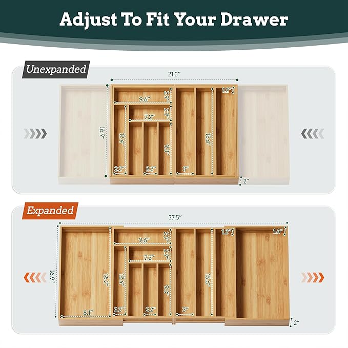 Bamboo Expandable Silverware Drawer Organizer, 11 Slots Utensil Holder | Magnetic Splice Design, Expandable 21-37.4 Inch, 11 Slots, Natural Bamboo, Large Capacity Kitchen Utensil Storage - Image 4