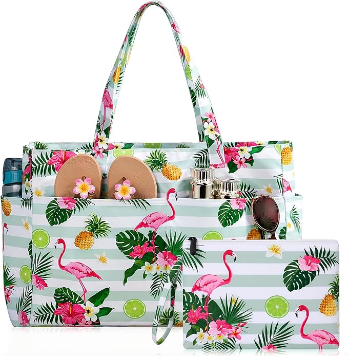 JATEBI Beach Bag with Makeup Pouch for Women | Waterproof Pool Tote Bags with Wet Compartment for Swim Shopping Travel, Zipper, Wet Compartment, 5 Pockets by JATEBI