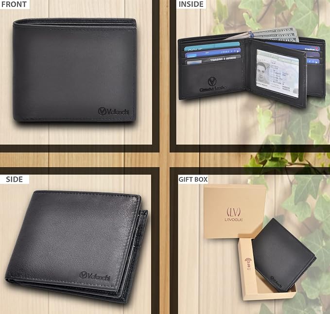 VALENCHI Genuine/Real Leather Bifold Wallet For Men - RFID Blocking/Protected Men's Slim Wallet - Christmas Gifts For Men (Black Nappa BF02) - Image 2
