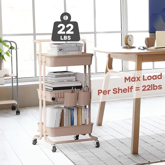 DTK 3 Tier Rolling Utility Cart with Cover Top Board, Movable Kitchen Storage Cart Trolley with Lockable Wheels, Cups, Hooks for Kitchen Bathroom Home Office Art Craft Storage and Organization(Pink) - Image 6