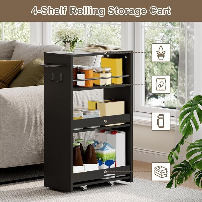 ChooChoo 4-Tier Slim Storage Cart, 7.87 inches Wide Narrow Storage Cabinet with 360° Wheels and 2 Hooks, Space-Saving Organizer for Kitchen, Narrow Places, Laundry Room, Black - Image 3