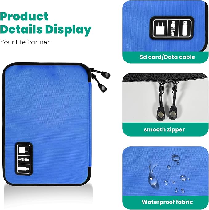 Cord Organizer Travel, Electronics Organizer Tech Pouch - Portable Cable Organizer Bag for Cords, Charger, Phone, SD Card, Power Bank for Travel & Daily Use -Royal Blue Green - Image 5