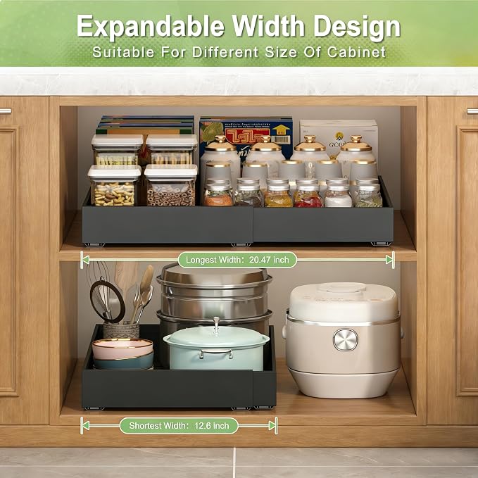 2-Pack-Expandable-Pull-Out-Cabinet-Organizers, No Drill Slide Out Drawers | Adjustable Pull Out Shelf With Raising Pad For Kitchen Framed Cabinet, Heavy Duty Sliding Roll Out Drawers Inside Cabinet - Image 3