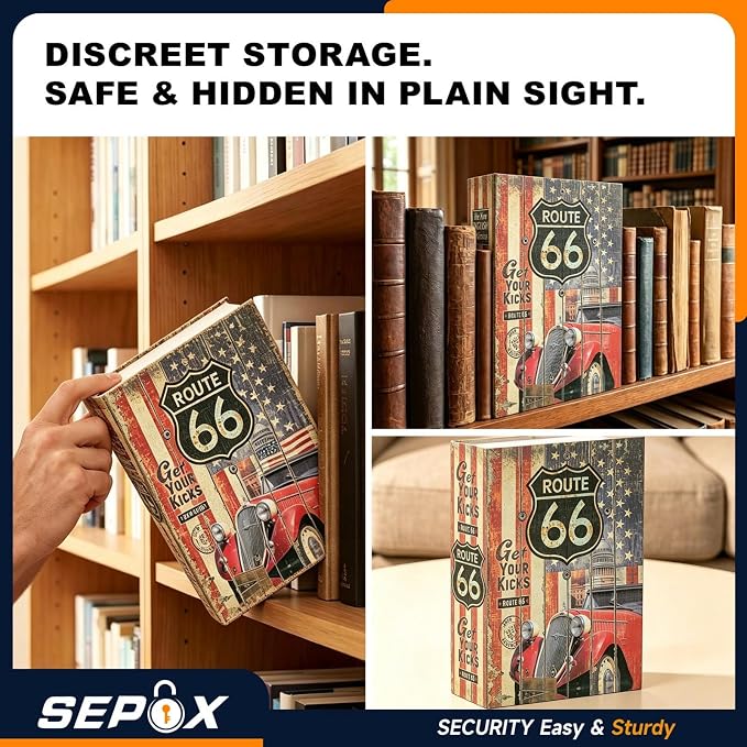 SEPOX® Book Safe with Key Lock Real Paper Cover Steel Interior Diversion | For Dorm Home. Hidden Compartment Book Safe Box. Hides Cash Jewelry in Plain Sight. Road Theme Design Steel Keyed Home Safe - Image 3