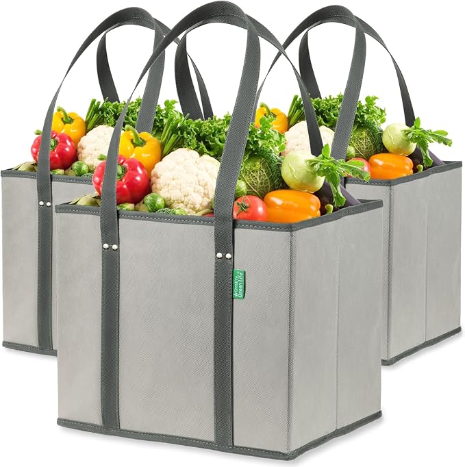 Creative Green Life Reusable Grocery Bags (3 Pack) – Heavy Duty Reusable Shopping Bags with Box Shape to Stand Up, Stay Open, Fold Flat – Large Tote Bags with Long Handles & Reinforced Bottom (Gray) by CreativeGreenLife
