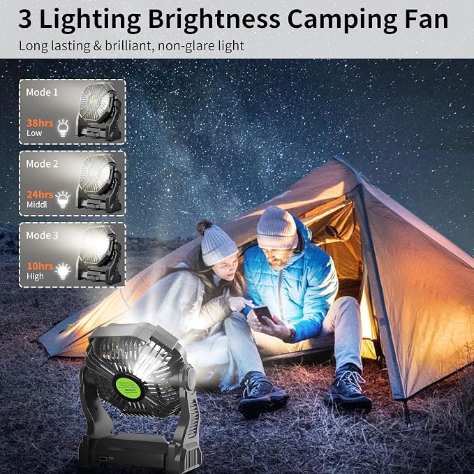 Rechargeable Portable Camping Fan for Tent with LED Light, 20000mAh USB Personal Battery Powered Fan Outdoor Camping Essentials Battery Operated Portable for Travel Beach Essentials X23 Black - Image 4