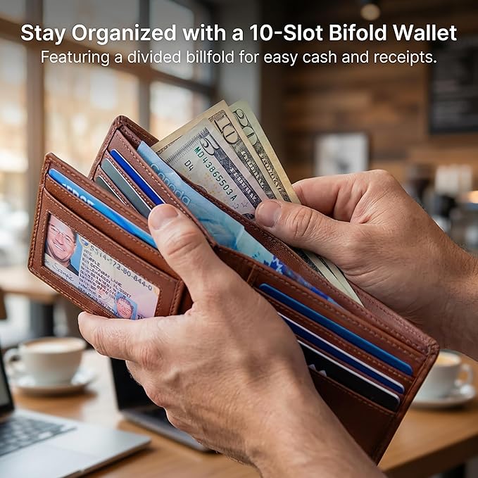 ID Stronghold Extra Capacity Bifold Wallet for Men - RFID Blocking Genuine Leather Wallet (Antiqued Brown) - Image 3