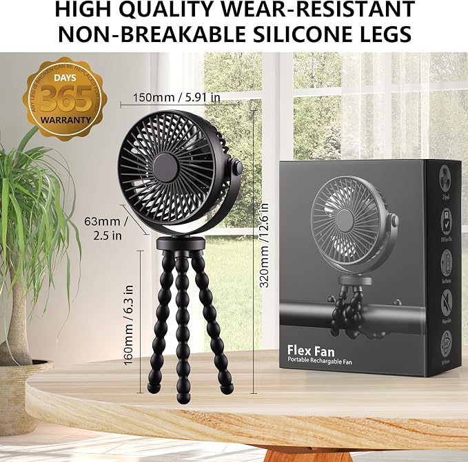 snawowo Mini Handheld Personal Portable Fan, Baby Stroller Fan, Car Seat Fan, USB or Battery Powered, with Flexible Tripod Clip on Student Bed Desk Bike Crib Treadmill Camping Traveling(Black) | Car Seat Fan , USB or Battery Powered, with Flexible Trip... - Image 7