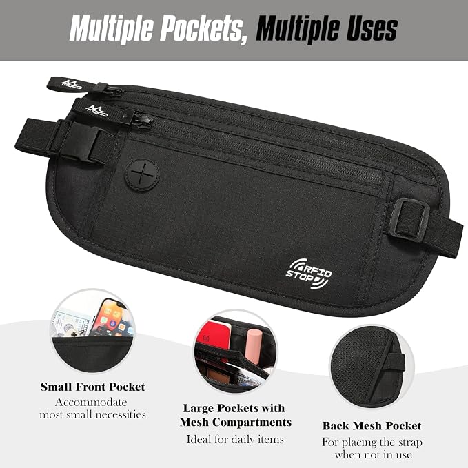 MoKo Travel Money Belt, Hidden RFID Blocking Passport Wallet, Black | Slim money belt has three pockets, breathable backing, water-resistant nylon, and an adjustable 28-50 in waist strap - Image 4