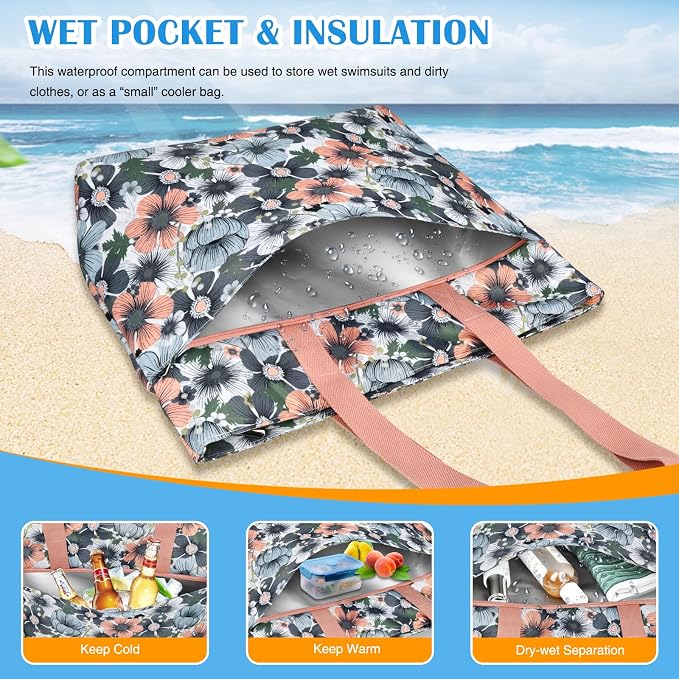 HUANLANG Large Beach Bags for Women Pool Bag with Zipper, Waterproof Sandproof Beach Tote Travel Bag with Wet Pocket - Image 5