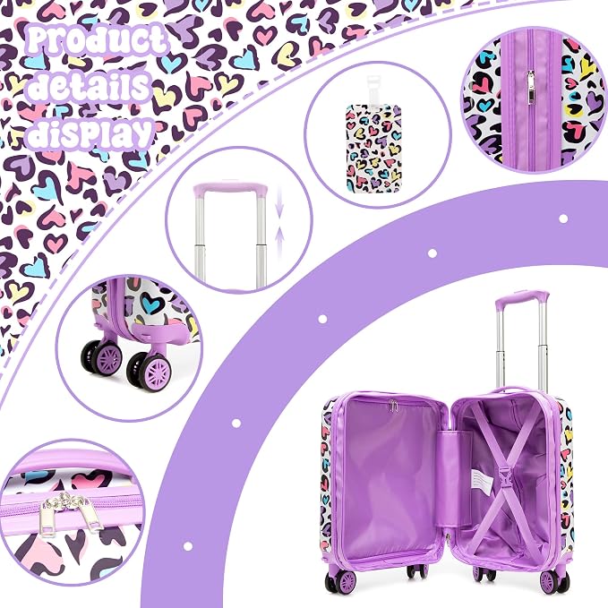 Kid's Luggage Set 2 Piece Suitcase Set Hardside Luggage with Spinner Wheels Girls Carry on Toddler Travel Rolling Suitcase with Neck Pillow Airline Approved - Image 3