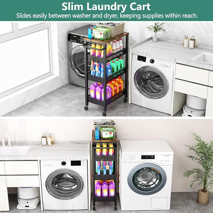 Vivihomety 4-Tier Laundry Utility Rolling Cart with Wheels, Metal | Narrow 8.1" wide, lockable wheels, wood top panel, metal frame, for laundry room, small spaces, pantry, tight gaps, Black - Image 4