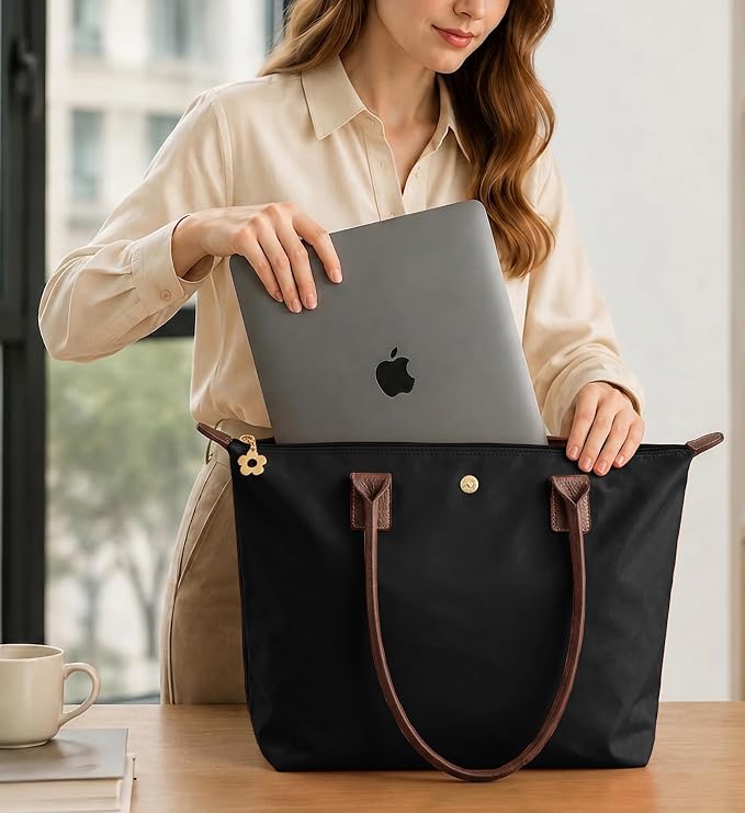 Nylon Tote Bag for Women, Lightweight Foldable Shoulder Tote with Zipper, Large Work Travel Bag for Everyday Use - Image 2