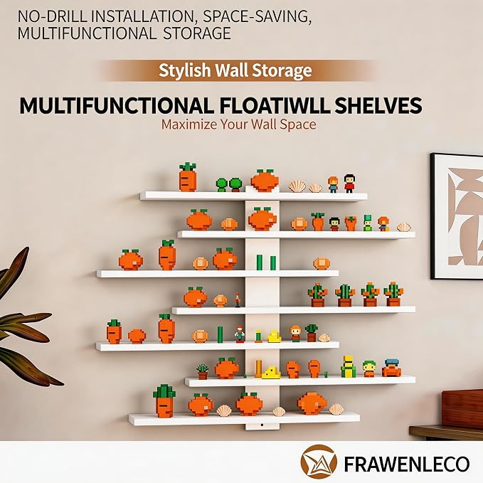 No Drill Floating Shelf for Wall, 7-Tier Wall Mounted Organizer, Damage-Free Display Shelf for Collectibles, Figures, Bathroom Kitchen Storage, White - Image 3