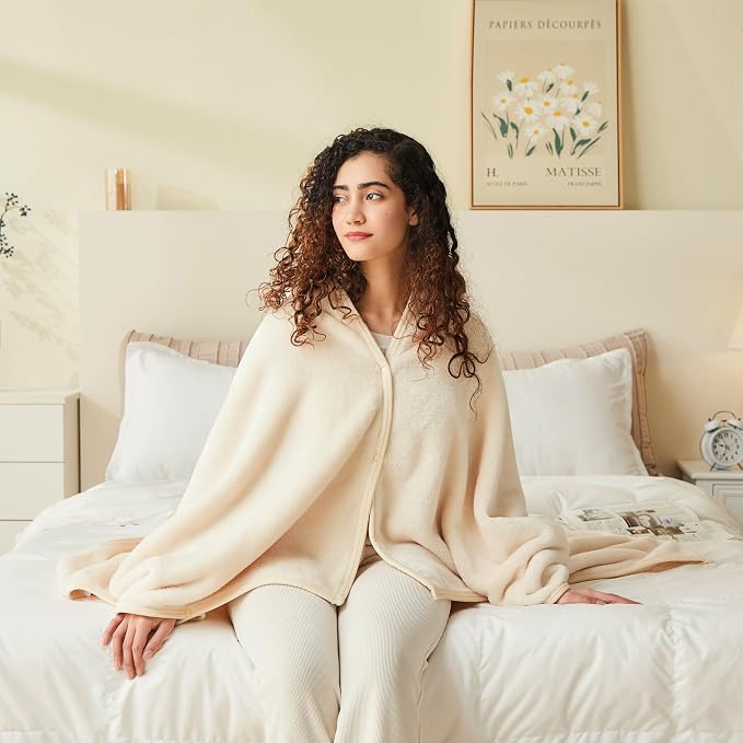 Shawl Blanket Pillow 2-in-1 with Sleeves for Office, Work, Home (Pearled Ivory, 40x60) - Wearable Adult Snuggie Coat Poncho, Airplane Travel Set, Fleece Shoulder Wrap for Men and Women - Image 4