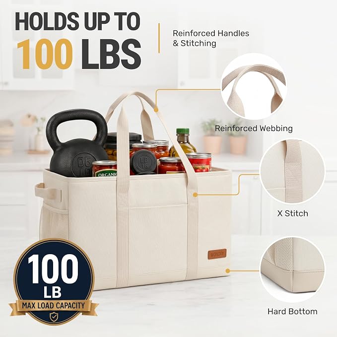 WONDAY X-Large Utility Tote Bag, Standing Reusable Grocery Bag | 22x11x13.5in, 50L capacity, holds 100lbs, collapsible, fabric with leather bottom, for beach travel storage - Image 8