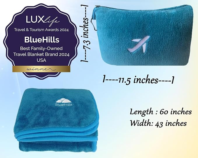 BlueHills Premium Soft Plush Mini Travel Blanket Pillow Airplane Teal Blue | Compact Pack with Luggage Belt & Backpack Clip, Car Use 2 in 1 Blanket, Foldable Case, Travel Essentials, Small Flight Throw - Image 5