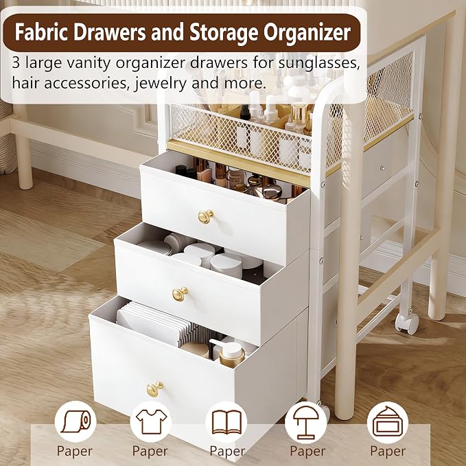 Rolling Makeup Organizer Cart with Drawers Under Desk Storage for Vanity | Vanity Cart Bathroom Storage Cart Cosmetic Vanity Display Cases Holder for Nail Polish Brush Hair Tool - Image 3