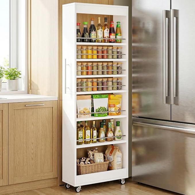 Tribesigns 73" Tall Slim Storage Cart on Rubber Wheels, 7-Tier Narrow Pantry Cabinet, Rolling Skinny Spice Rack Organizer Next to Fridge, Wooden Pull-Out Storage Shelf for Kitchen Small Spaces, White by Unknown