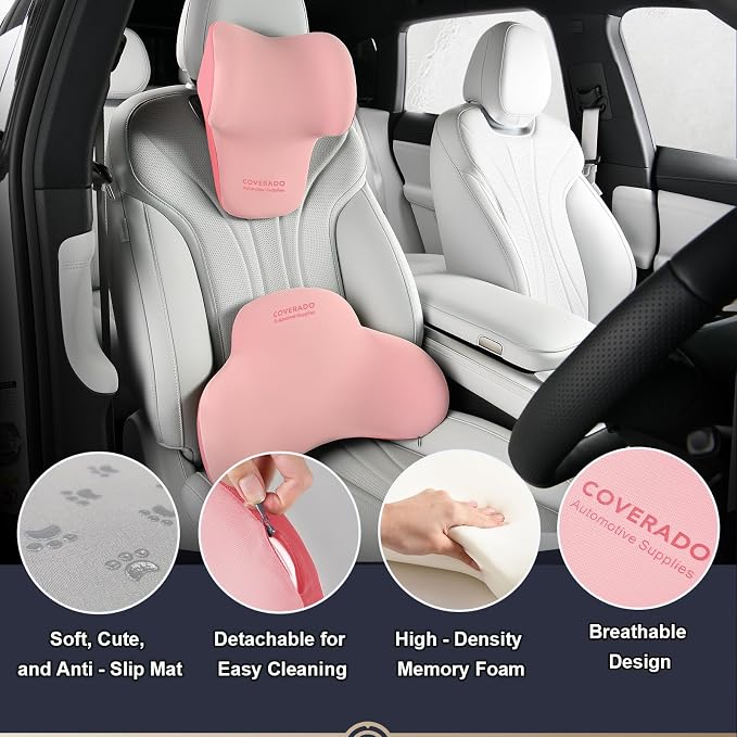 Coverado Lumbar Support and Headrest Pillow for Car, Memory Foam Ergonomic Head Neck Support Pillow for Driving Seat, Back Support and Pain Relief, Seat Cushion for Car, Driver, Office - Image 5