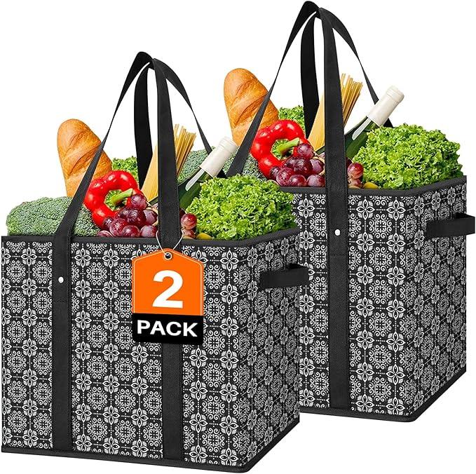 Reusable Grocery Bags 2 Pack, Foldable & Water Resistant Shopping Bags | Large Grocery Tote Bag Water Resistant Shopping Bags Foldable Grocery Bag for Clothes,Shoes and Picnic by WiseLife