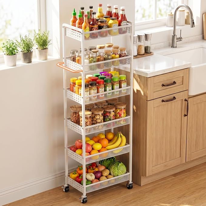 6 Tier Slim Storage Cart with Wheels, 10" D Rolling Storage Cart for Small Space, Metal Narrow Spice Cabinet Mobile Shelving Unit Organizer with Handle for Kitchen, Laundry - White by Xpatee