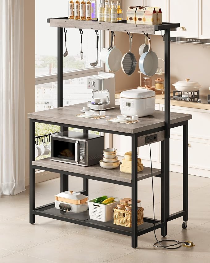 Kitchen Island with Power Outlet, Kitchen Island Table with Folding Top, Stationary Storage Islands, Coffee Bar with Outlets and USB Ports, for Dining Room, Living Room, Greige TZD01UBG by Choezon
