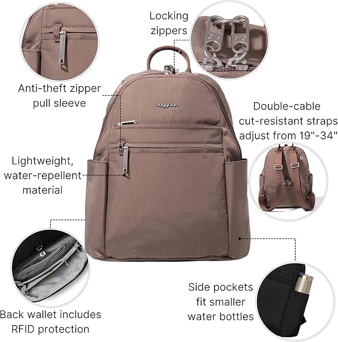 Baggallini Securtex® Anti-theft Vacation Travel Backpack 10x13 Slash-Resistant Nylon Daypack w/RFID, Portobello - Image 3
