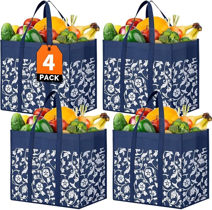 Reusable Grocery Bags Foldable Tote Bags Bulk Shopping Bags 4-Pack, Blue | Reinforced Handles Shopping Bags for Groceries Heavy Duty Kitchen Reusable Grocery Bags with Waterproof Coating by WOWBOX
