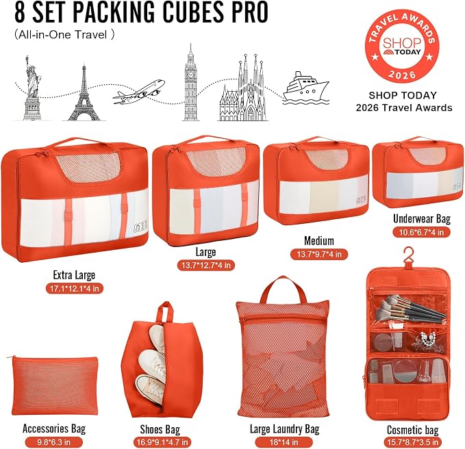 Veken 8 Set Packing Cubes for Travel Essentials, Suitcase Organizer Bags in 4 Sizes, Carry-On Luggage Accessories with Laundry Bag, Airplane Must Have with 99-Count Mesh Holes - Image 2
