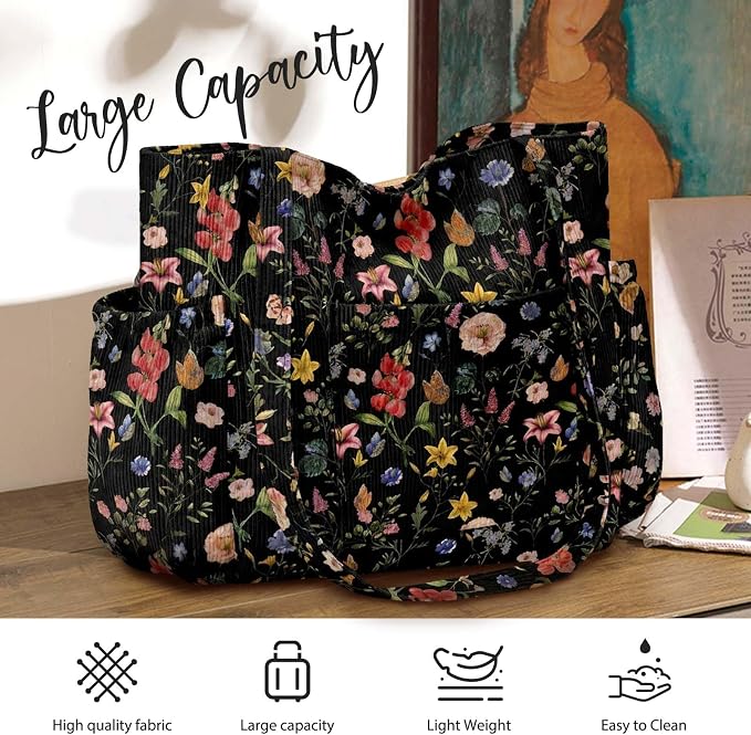 Corduroy Tote Bag for Women,Large Capacity Cute Tote Bags With 6 Pockets,Crossbody Shoulder Handbag for Work Travel Gym - Image 8