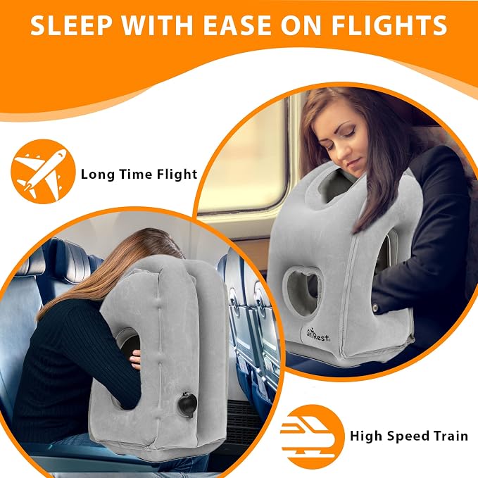 Inflatable Travel Pillow - Airplane Pillow for Neck Support on Long Flights, Buses, Cars, Office & Trains - Comes with Eye Mask, Earplugs & Portable Drawstring Bag - Grey - Image 2