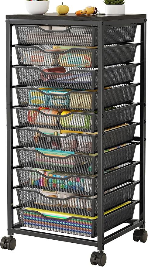 10-Drawer Rolling Storage Cart, Craft Organizers and Storage, Black | 12x12 Inch Storage Drawers for Scrapbook Paper,Classroom,Craft,Bathroom,Teacher,Office,Art,Metal Organizer Cart with wheels by Aokitsink