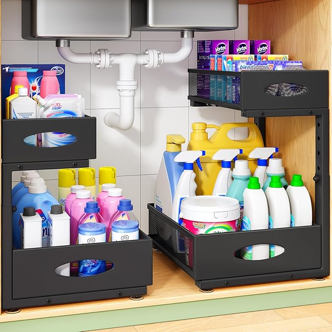 Under Sink Organizer, 1-Pack Pull Out Cabinet Organizer 2 Tier Metal Slide Out Storage Shelf Rack, L-Shaped Adjustable Height,Mesh Sliding Drawer for Kitchen, Bathroom, Laundry, Pantry, Black, XL by Kitstorack