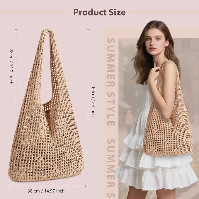Sightor Crochet Tote Bag, Mesh Beach Bag Knit Summer Hobo Bag for Women | Beach Tote bag Vacation Outfits Aesthetic Boho Bag - Image 2