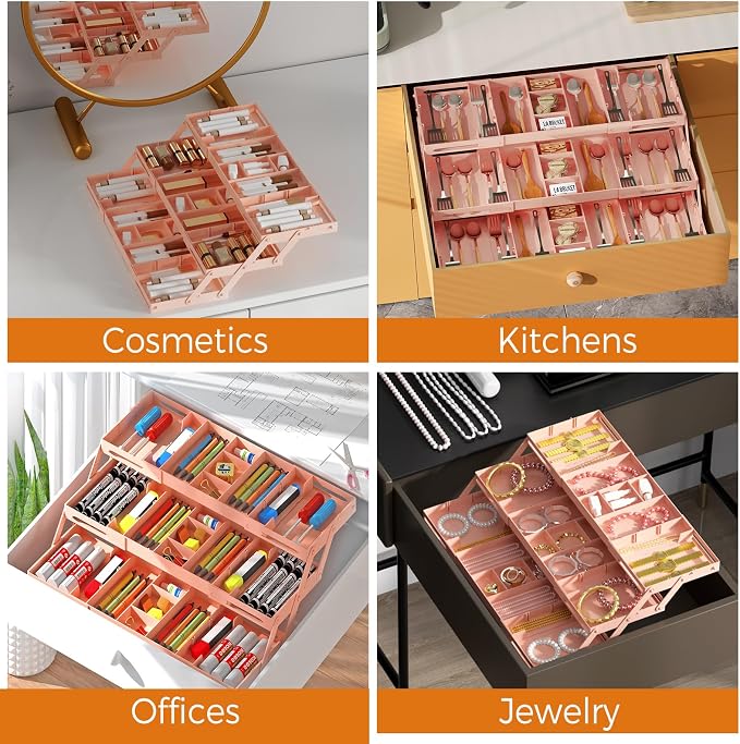 3 Tier Drawer Organizer Versatile Expandable Junk Drawer Organizer Pink | Multi-level Desk Organizer for Makeup, Jewelry, Cosmetics, Kitchen Storage, Smart Office Supply Drawer Storage for Gifts - Image 7
