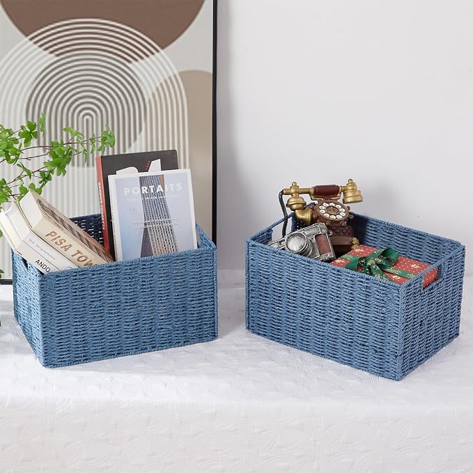 Wicker Storage Basket, Set of 2 Hand-Woven Paper Rope Wicker Basket, Small Storage Baskets for Organizing Toilet Paper Basket, Foldable Large Cube Storage Organizer Bins for Shelves (Blue) - Image 5