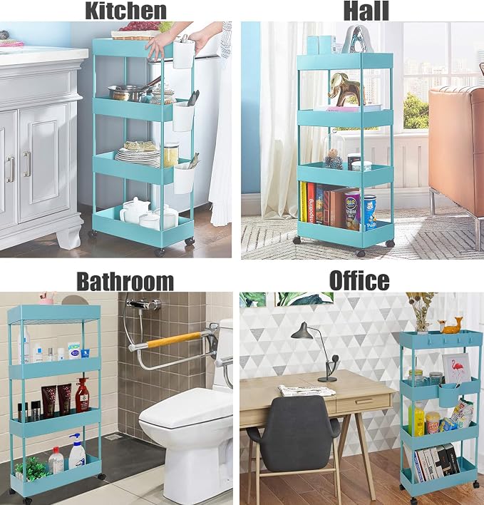 4 Tier Slim Rolling Utility Kitchen Cart Bathroom Organizer for Narrow Places Multipurpose Storage Shelve Mobile Trolley for Bedroom Laundry Office Restaurant Garage Pantry (Teal) - Image 3