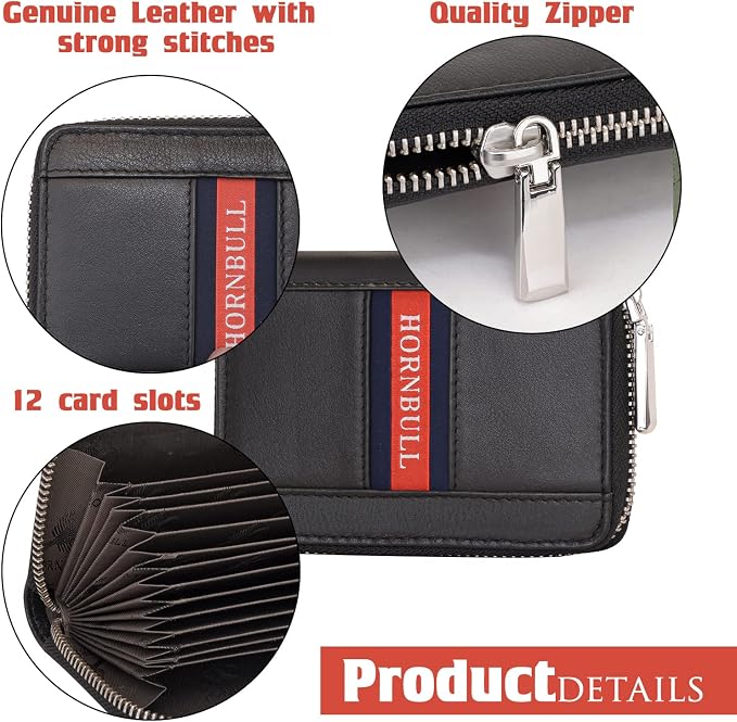HORNBULL Steve RFID Blocking Leather Wallet for Men | Vertical Credit Debit Card Holder, Zip Around Wallet (Black Card Holder) - Image 4