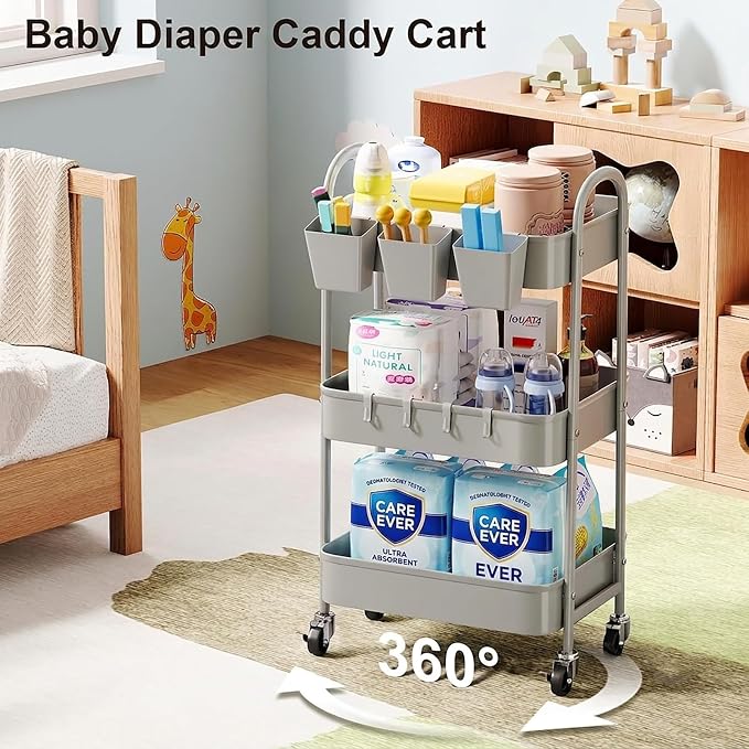 3 Tier Gray Metal Rolling Cart, Storage Cart with Handle & Lockable Wheels | Multifunctional Three Tiered Utility Organizer Carts for Kitchen, Office, Bathroom, Craft, Art,Snack,Baby Supplies,Mesh Shelf - Image 4