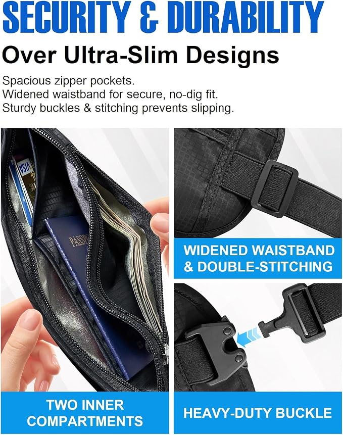 Money Belt for Travel, Passport Holder, RFID Blocking, Sweat-Proof, Black | 3rd Gen Hidden Waist Wallet Anti Theft to Protect Cash, Credit Cards and Documents Under-Clothes for Men & Women, Bamneat - Image 6