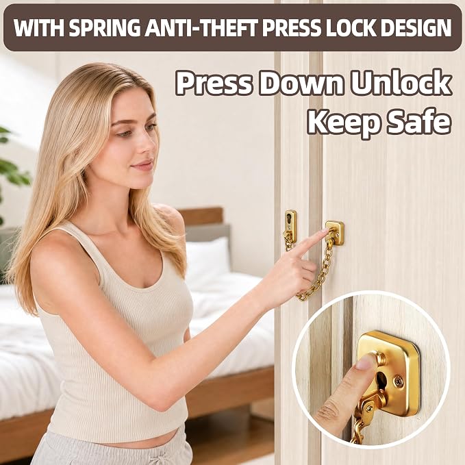 Mooche Door Chain Lock, Chain Door Lock with Spring Anti-Theft Press Lock | Thickened Stainless Steel Door Latch Guard with Screws for Interior Outdoor Toilet Barn Fence Garage (Gold) - Image 5