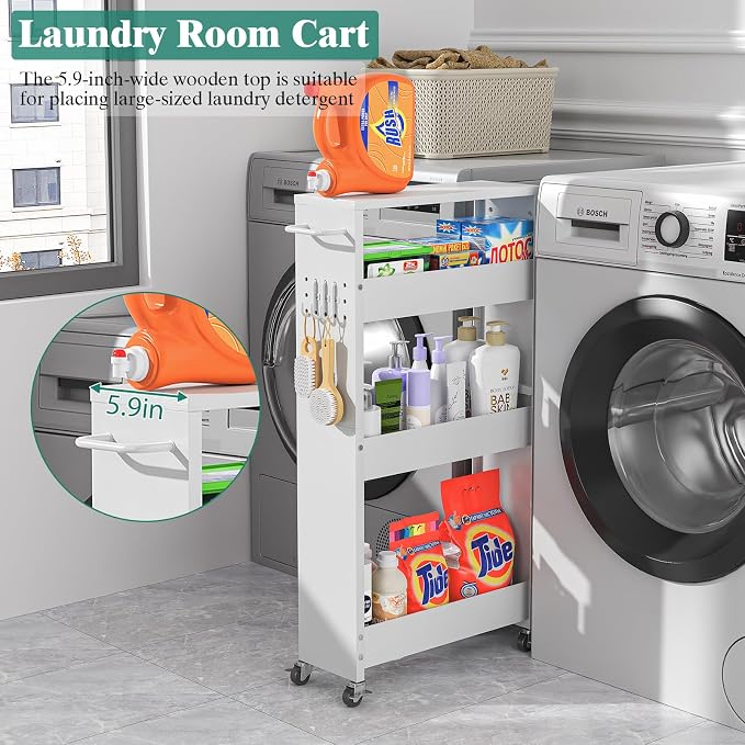 CHLORYARD Slim Storage Cart, 4-Tier Kitchen Rolling Cart Narrow Storage Cabinet with Handle & Wheels, Metal Rolling Shelf Unit for Kitchen Bathroom Laundry Small Places (5.9IN White/White) - Image 5