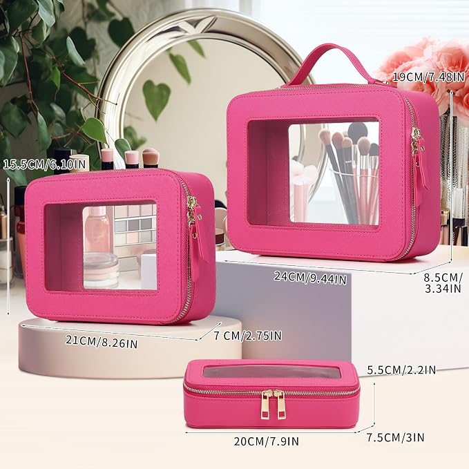Pinkmik Clear Makeup Bag, (Fuxia, L+M+SLIM) | 3pcs, With Brush Bag, Waterproof Travel Case, For Cosmetics and Toiletries, With Zipper - Image 2