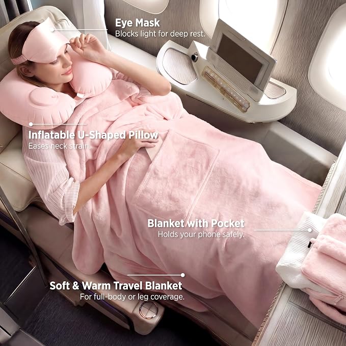 Bedsure Travel Blanket Set with Inflatable Neck Pillow and Eye Mask - Lightweight 3-in-1 Airplane Packable Blanket, Compact Travel Essentials, Pink - Image 2