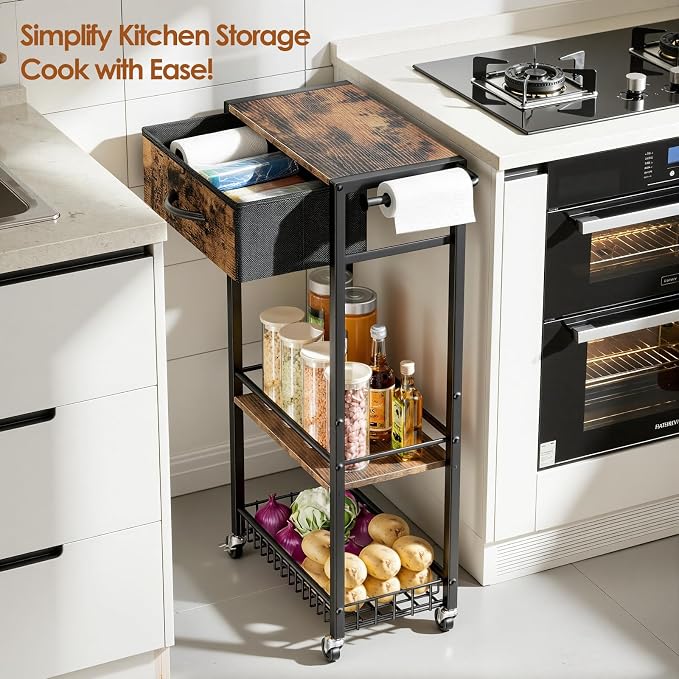 Lewondr 3-Tier Slim Storage Cart with Drawer, Rolling Utility Cart, Black | Handle & Lockable Wheels, with Wood Top, Metal Frame, Kitchen Bathroom Laundry Room Organizer for Small Spaces - Image 8